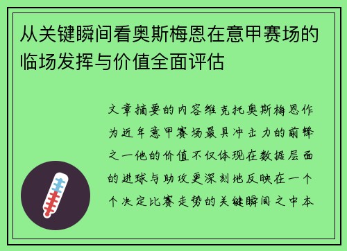从关键瞬间看奥斯梅恩在意甲赛场的临场发挥与价值全面评估